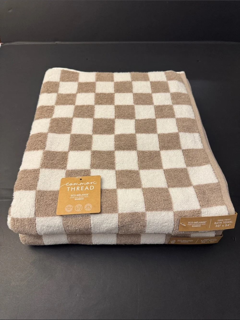 2pc COMMON THREAD Eco-Melange Bamboo Checkered Bath Towel Set - Tan/White